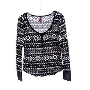 La Senza Women Large Thermal Waffle Nordic Top Long Sleeve Fair Isle Black White